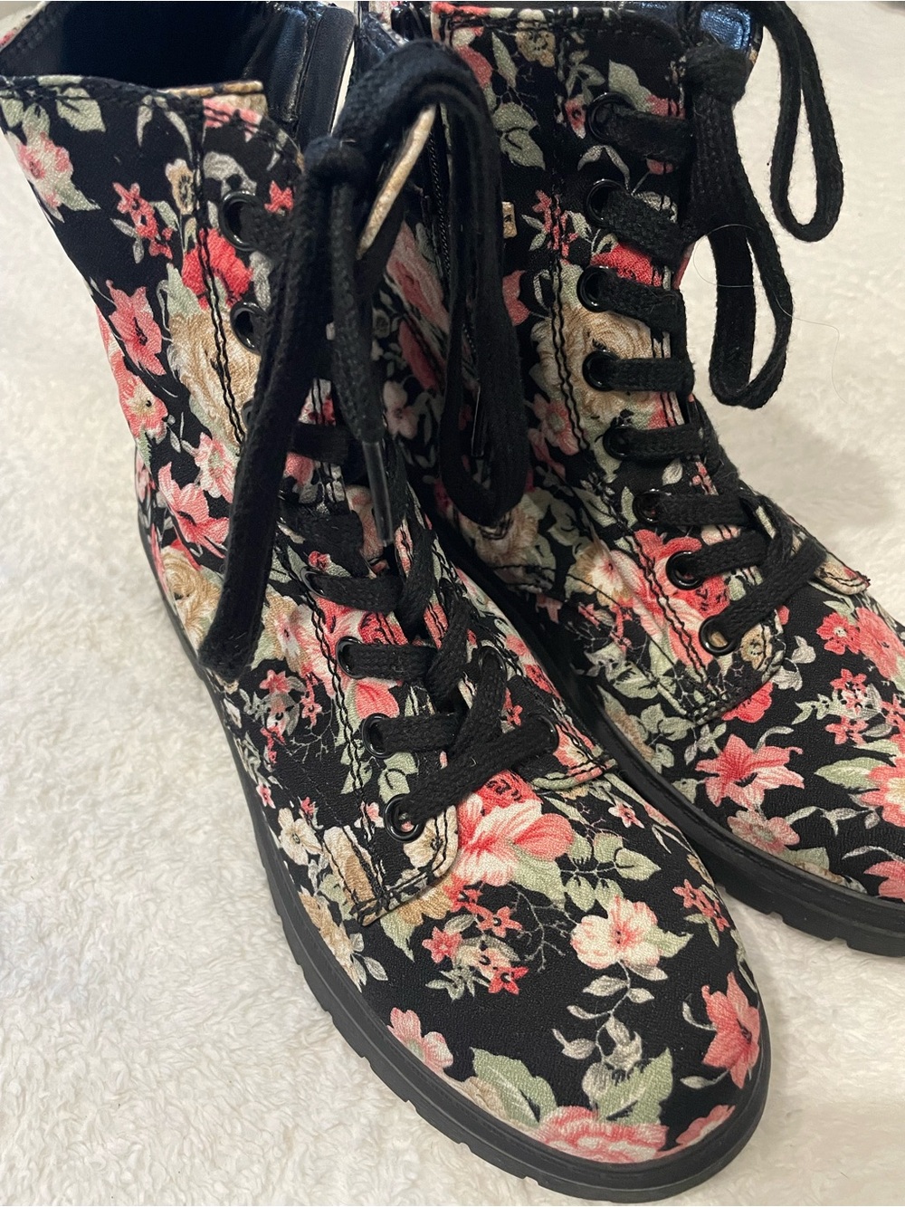 Black Floral Lace-Up Combat Boots with Pink and Cream Flowers